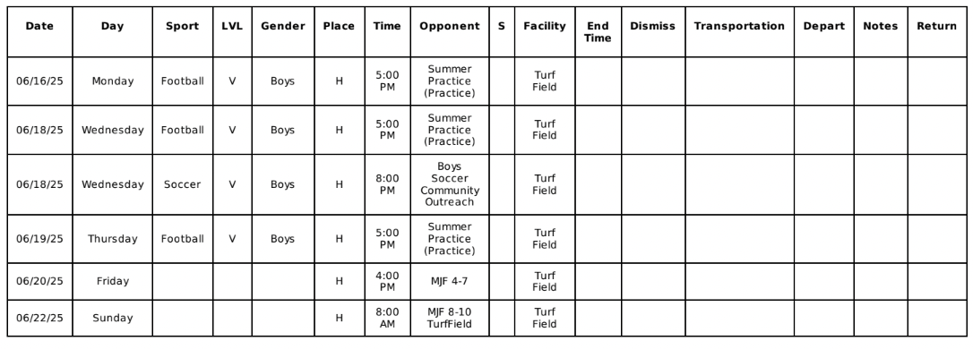 Weekly Sports Schedules